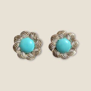 Vintage Estate  Turquoise Colored & Silver-Tone Flower Cufflinks